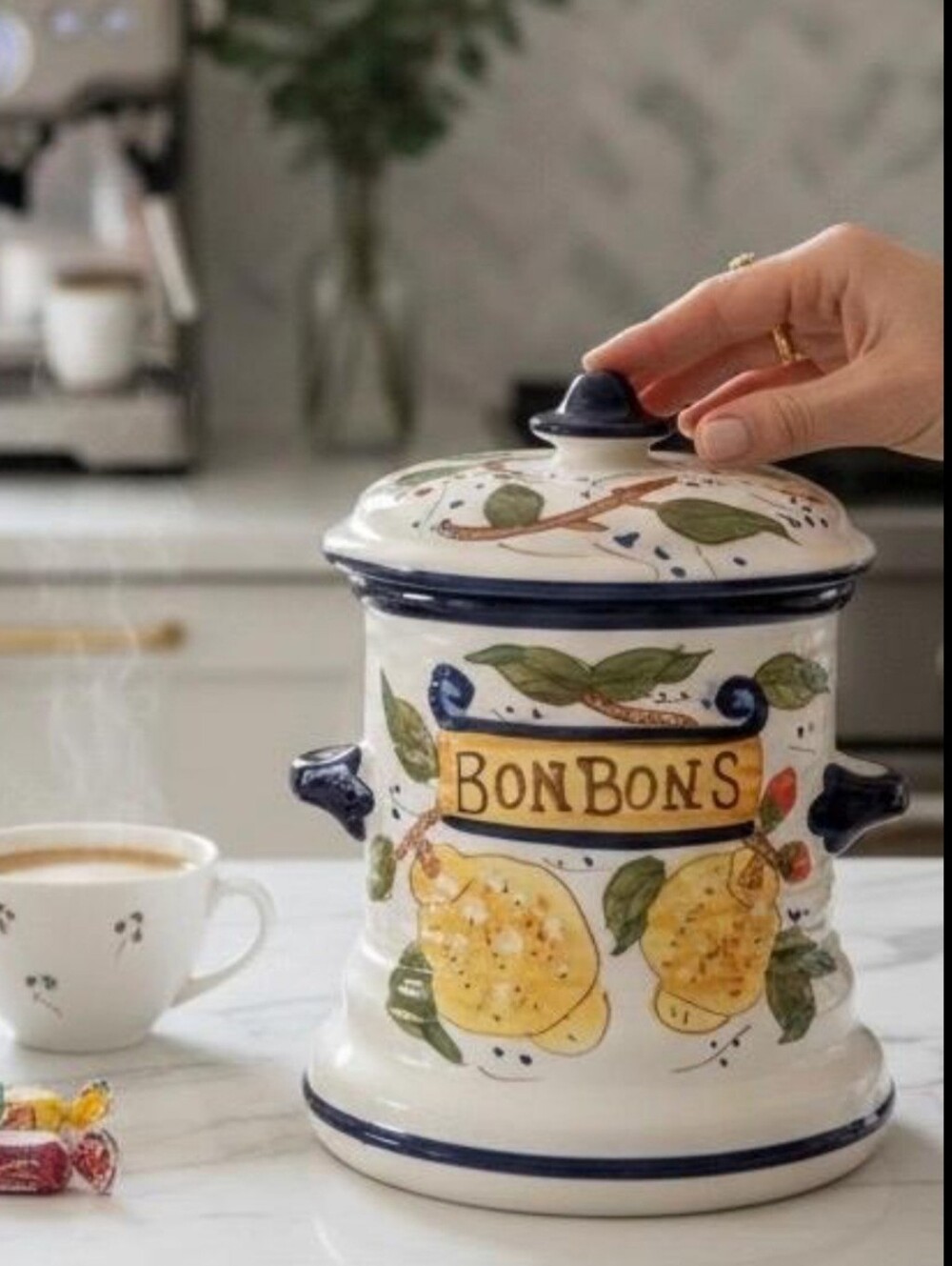 VINTAGE Chino Bon Bons Ceramic Candy Jar with Lemon Motif - White & Yellow